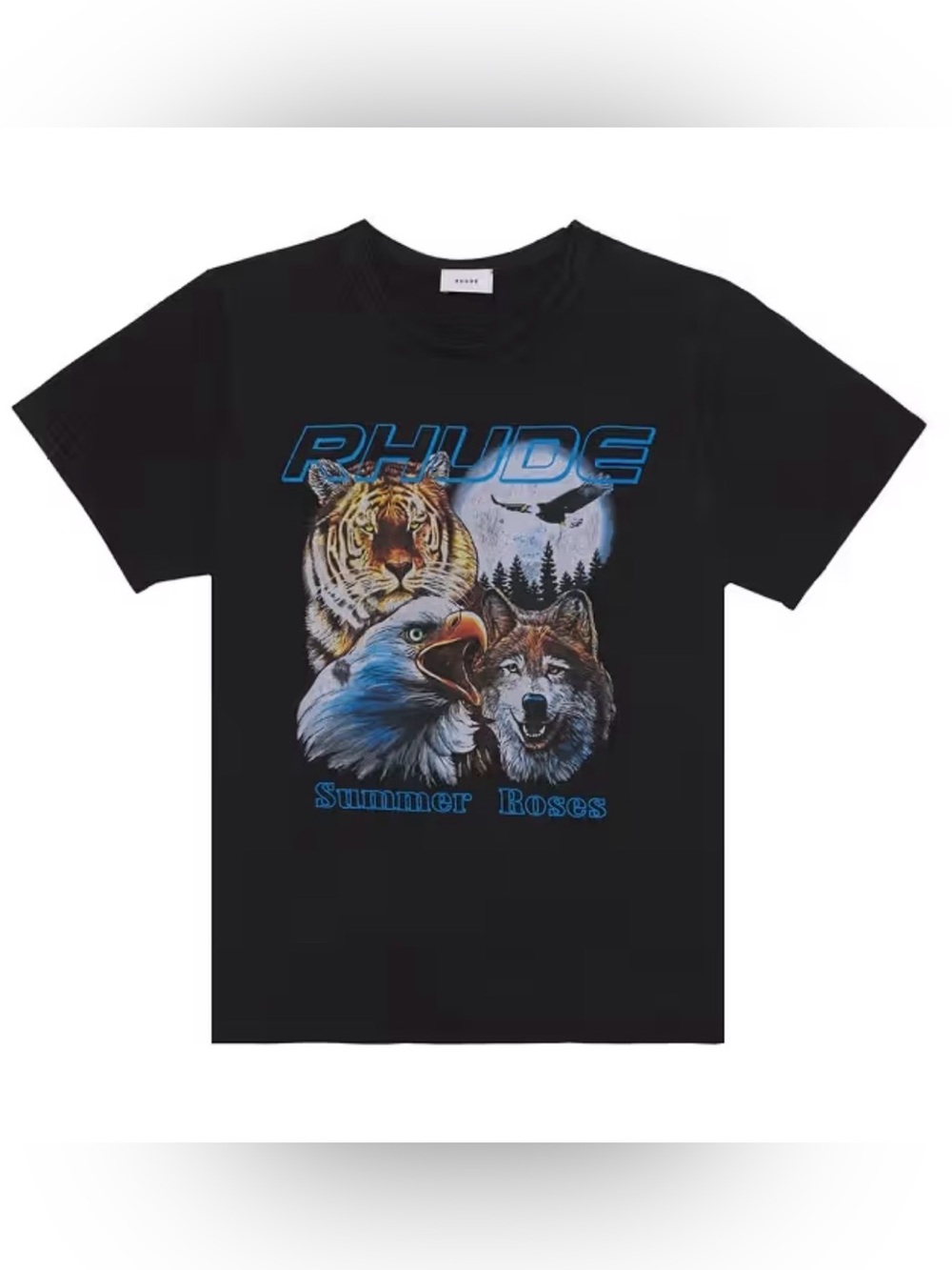 Rhude Black Graphic Tee with Blue Accents